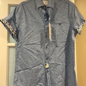 Denim & Flower Blue Casual Button Down Shirt with Floral Accents